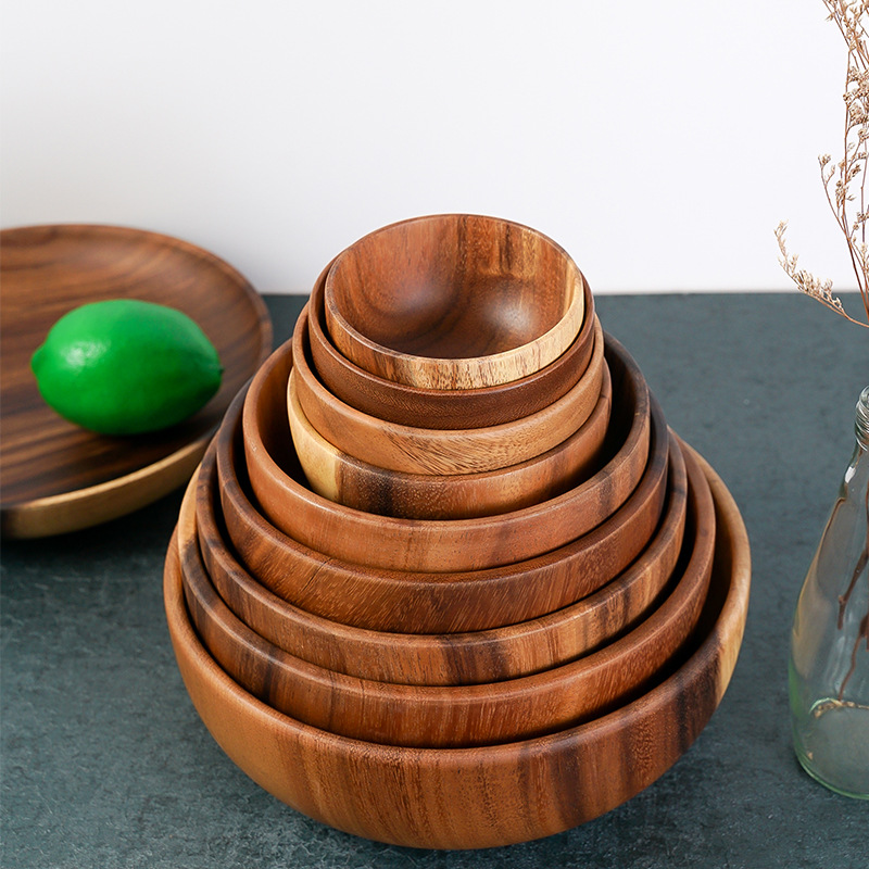 Super large Siwood Bowl Tray Set Wooden Tray Round Extra Large Salad Bowl Solid Wood Tray Custom mixing bowls ramen