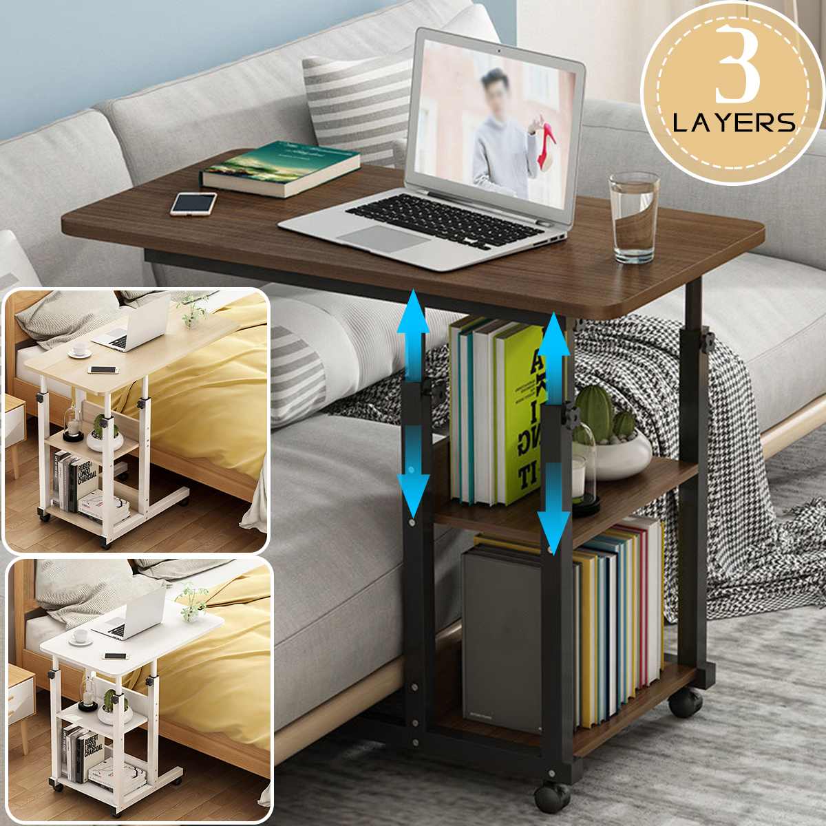 3 Tiers Adjustable Height Laptop Desk Wooden Bedside Computers Desk Removable Sofa Side Study Stand Portable Bed Table 60x40cm