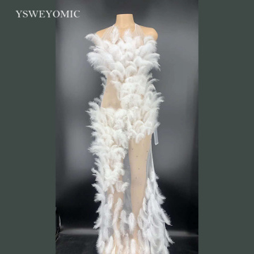 Performance Wear Rhinestone Feather Transparent Long Dress Birthday Celebrate Outfit Bar Women Dancer Prom Singer Stage Dress