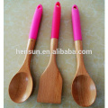 Bulk wood kitchen utensils set colorful silicone handle mixing utensils set