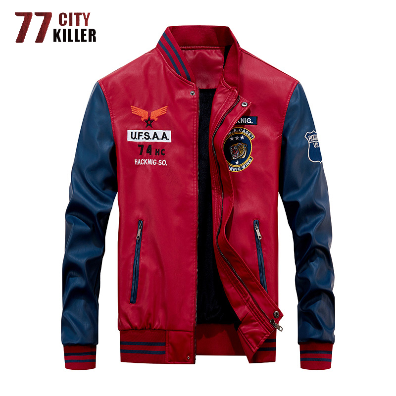 77City Killer 2020 New Leather Jacket Men Windbreaker Motorcycle Patchwork Baseball Jackets Male Fleece Warm Faux Leather Jacket