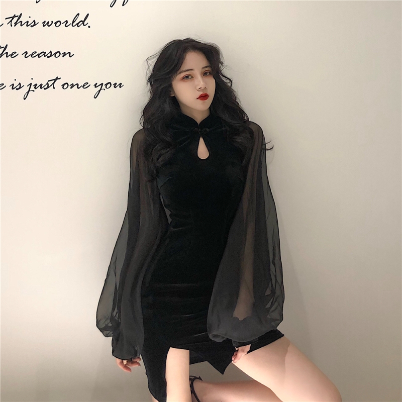 Women Retro Slim Cheongsam Korean Style Fashion Prom Dresses Lady Nightclub Dance Bodycon Black Sexy Qipao Mini Dress Vestidos
