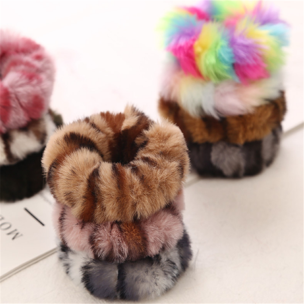 1 Pcs New Fashion Colorful Leopard Print Plush Fur Scrunchies Elastic Hair Bands For Girls Warm Ponytail Holder For Girl Women