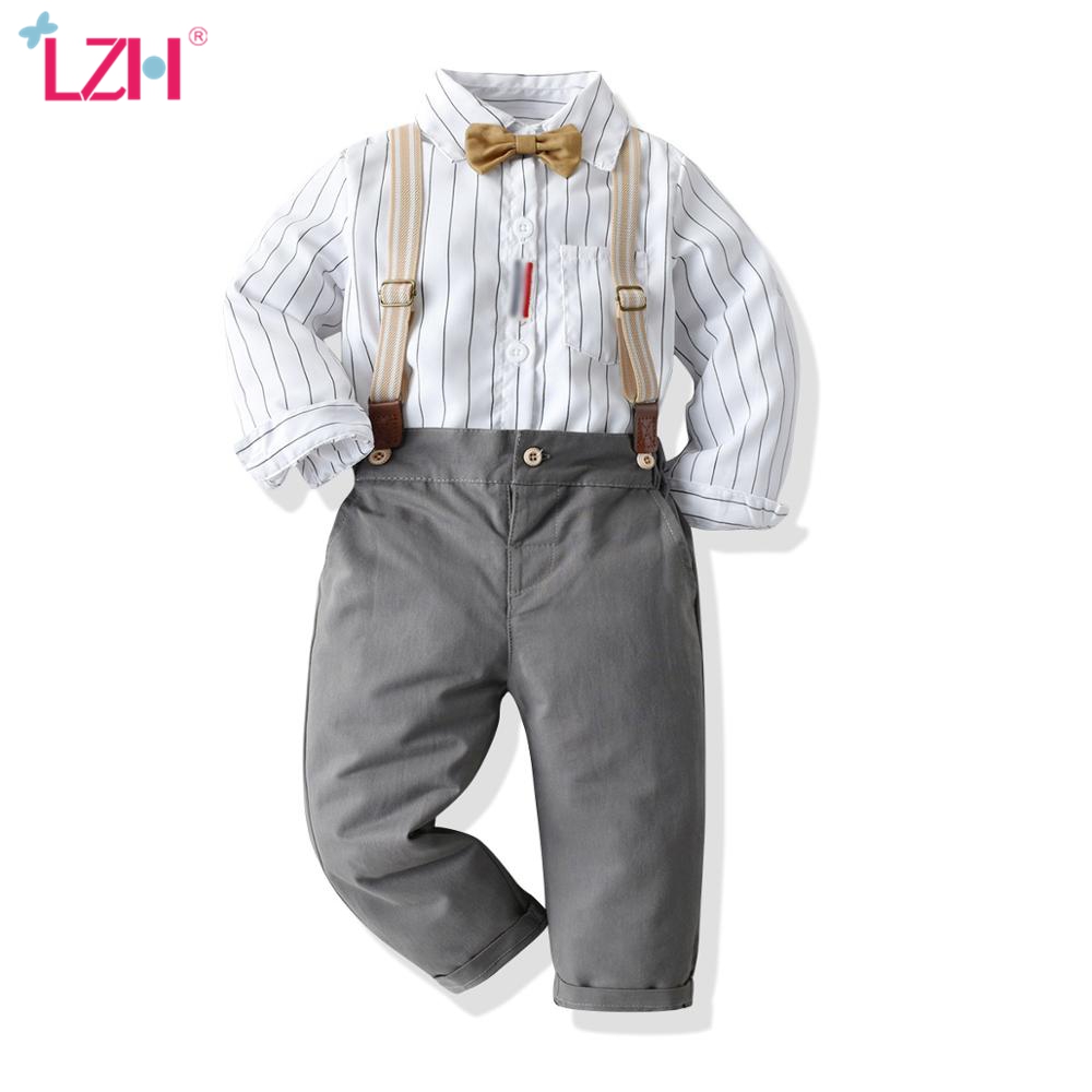 LZH 2020 Autumn Children Clothing Banquet Dress Bow Tie Stripe Shirts Pants Birthday Party Suit Clothing Baby Boys Clothes Set