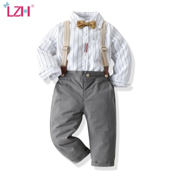 LZH 2020 Autumn Children Clothing Banquet Dress Bow Tie Stripe Shirts Pants Birthday Party Suit Clothing Baby Boys Clothes Set