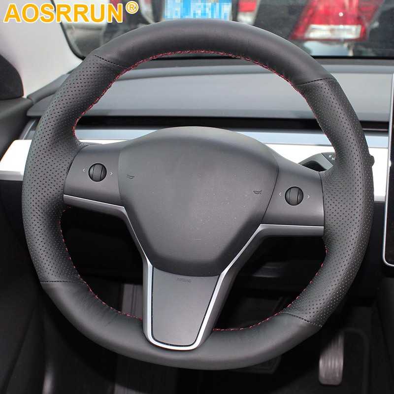 Hand-Stitched Black Artificial Leather Car Steering Wheel Cover For Tesla Model 3 Y 2017 2018 2019 2020 Accessories