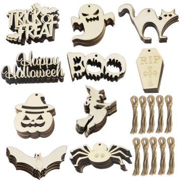 10PCS Wood Slices Halloween Decoration Wood Pumpkin Ghost Cat Bat Shape Crafts Pendant Ghost Festival Hanging Ornament Props