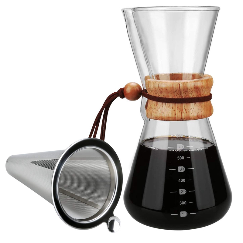Pour over Coffee Maker, 20 Oz Borosilicate Glass Carafe and Reusable Stainless Steel Permanent Filter Manual Coffee Dripper Brew