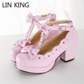 LIN KING Shoes Pink Cosplay Bowtie Ankle Straps Low Top Square Heels Pumps Solid Soft Leather Kawaii Princess Party Shoes