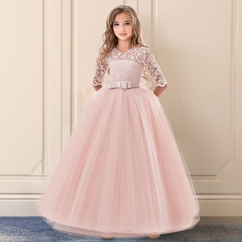 Girls Kids Wedding Flower Girl Dress Princess Party Pageant Dresses Long Sleeves Long White Dresses vestido longo 5-14T Teenage