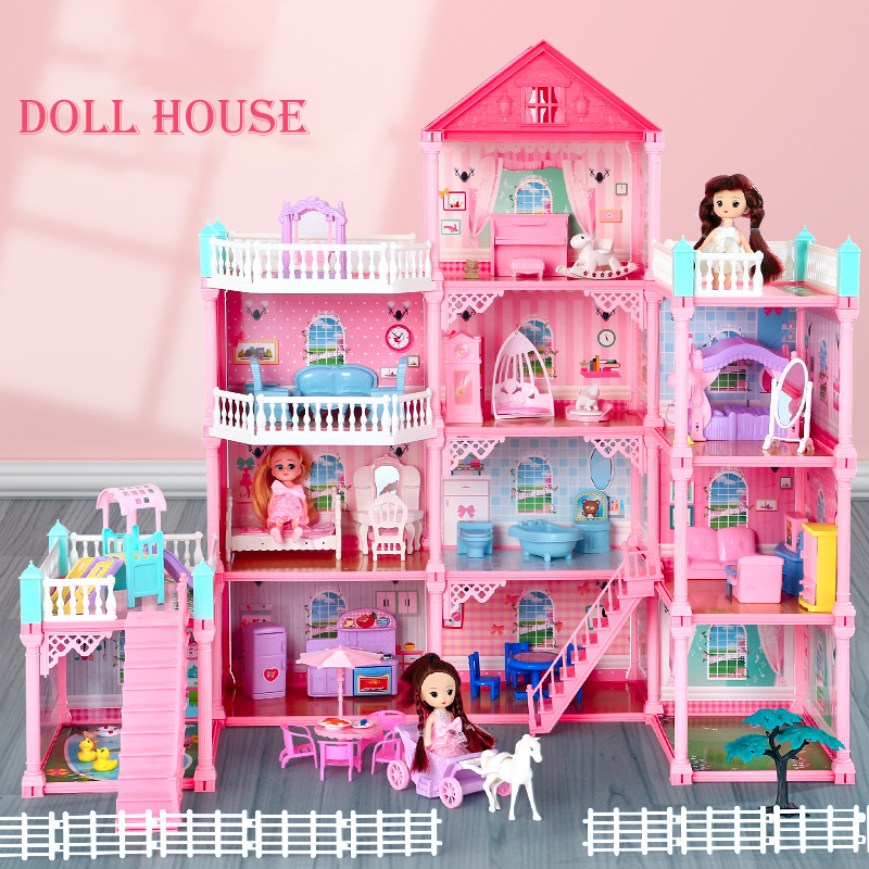 Princess Big Villa DIY Dollhouses Pink Castle Play Room With Figures Kit Assembled Doll House Toys for Girls Children Gifts