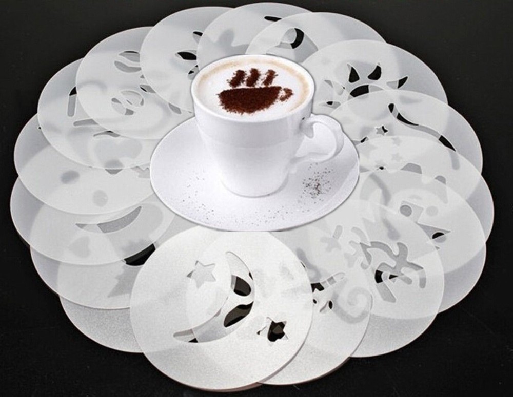 16Pcs Coffee Stencils Set Drawing Tools Maker Fancy Coffee Printer Model Plastic Template Mold for Kitchen Coffeeware K1028 A