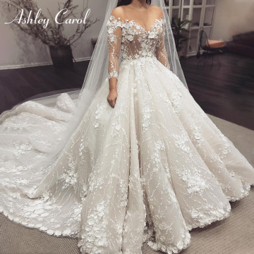 Ashley Carol Lace Ball Gown Wedding Dress 2020 Long Sleeve 3D Flowers Sweetheart Princess Bride Gown Customized Vestido De Noiva