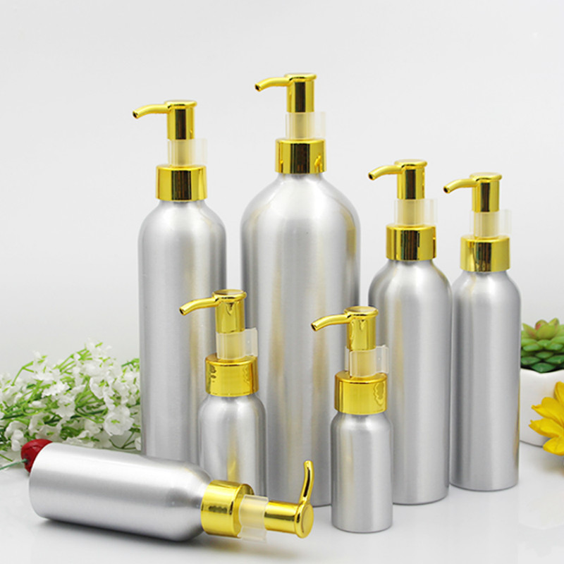 Aluminum Lotion Pump Bottle Gold cap Metal Tin Emulsion Container Empty Cosmetic Packaging 30/50/100/120/150/250/500ml