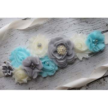Ocean Blue Grey Ivory Sash Flower Belt Maternity Sash Wedding Sash Flower Girl Sash Maternity Sash Belt
