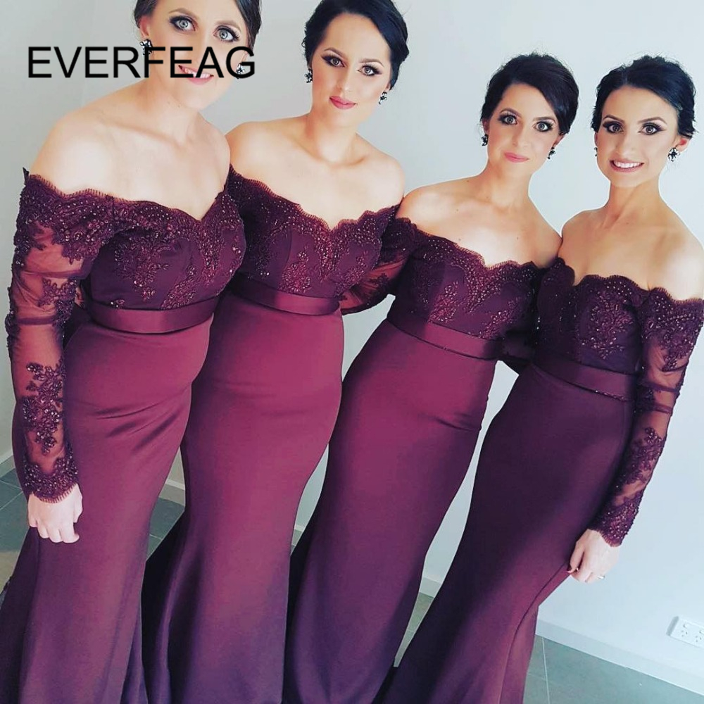 Lace Burgundy Bridesmaid Dresses Sexy Mermaid Long Sleeve Beaded Bridesmaid Dress Formal Maid Of Honor 2020 Custom