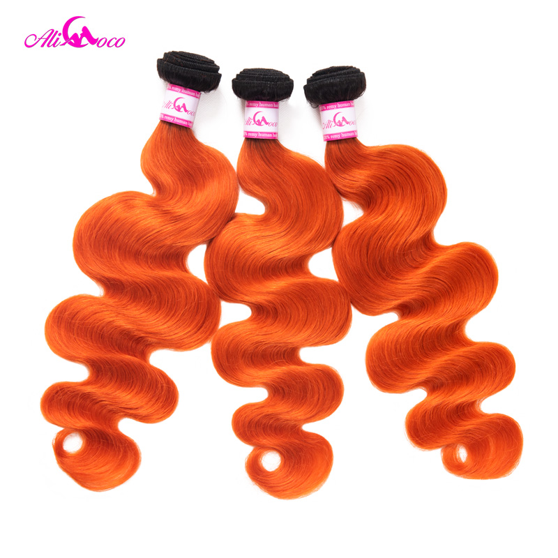 Ali Coco Brazilian Body Wave With Closure 1B/Orange Color 10-28 Inch 100% Human Hair 3/4 Bundles And Deal Remy Hair Extension