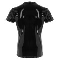 TiaoBug Fashion Mens Wetlook Faux Leather Short Sleeve Round Neck Muscle Tight T Shirt Sexy Male Men Clubwear Stage Costume Tops