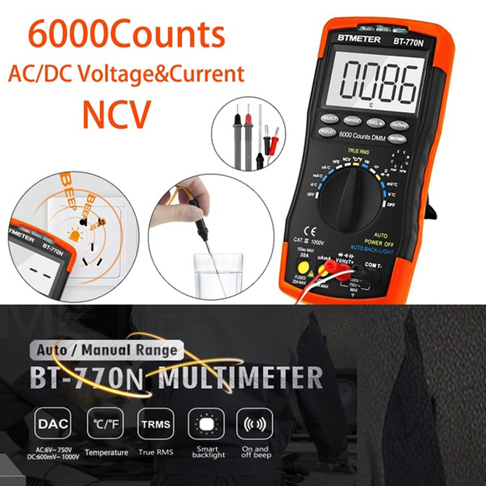 BTMETER BT-770N Multimeter Auto/Manual Range Digital Avometer Universal Meter 6000 Counts With Self-Locking Protection