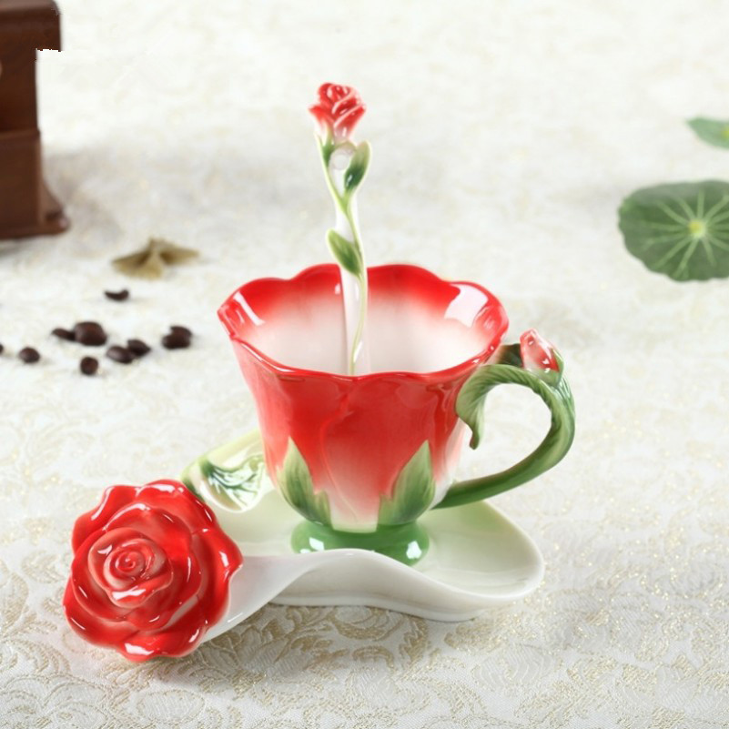 3D Rose Enamel Coffee Tea Milk Cup Set With Spoon and Saucer Creative Ceramic European Bone China Drinkware Marriage Gift