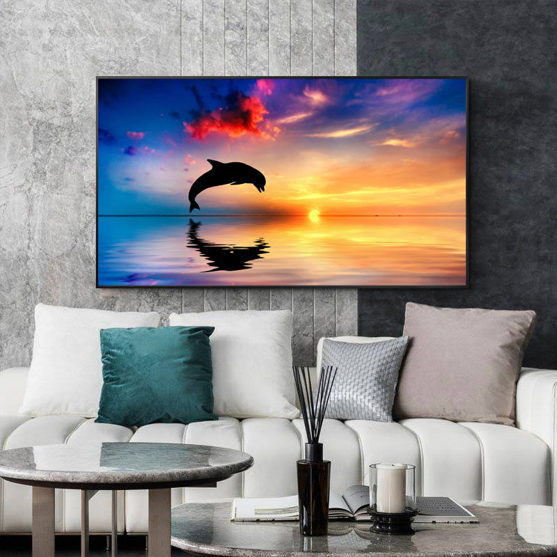Animals Dolphin Sunset Seascape Art Canvas Painting on The Wall Natural Landscape Posters and Prints Wall Picture for Living Roo