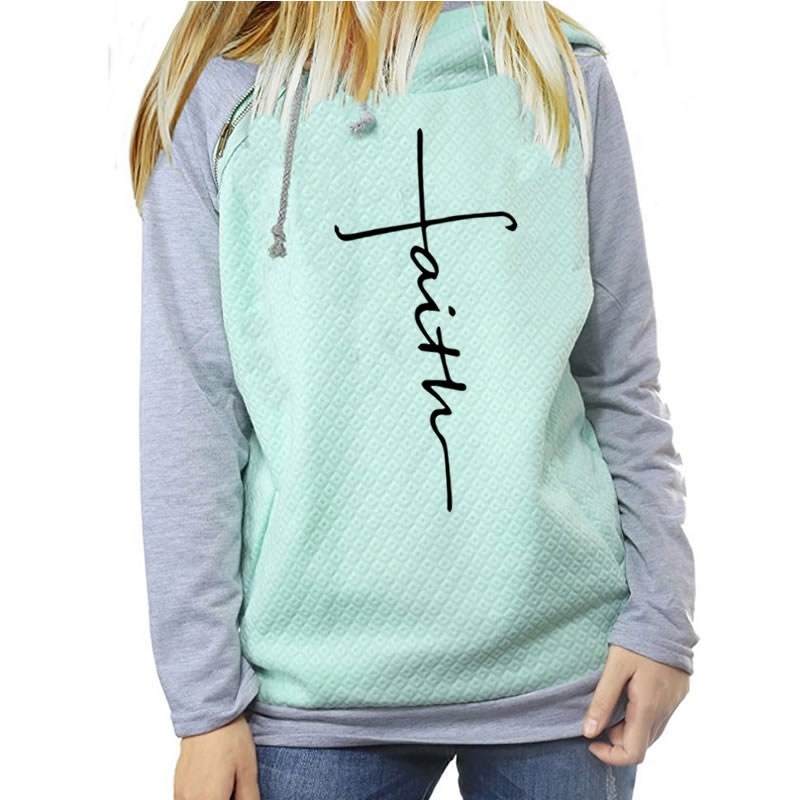 Autumn Winter Patchwork Hoodies Sweatshirts Women Faith Cross Embroidered Long Sleeve Sweatshirts Female Warm Pullover Tops