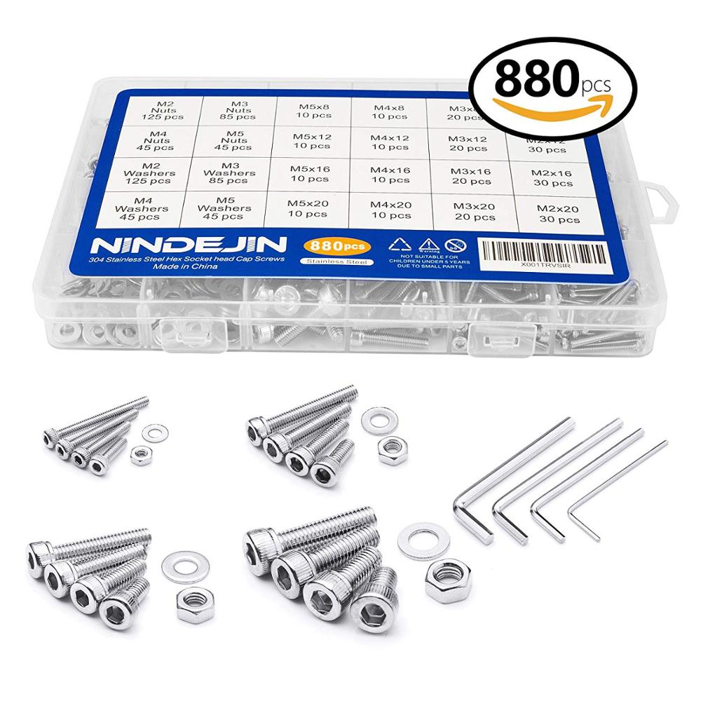 NINDEJIN 880Pcs Hexagon Hex Socket Head Cap Screw Set M2 M3 M4 M5 Stainless Steel Hex Socket Cap Head Bolt and Nut Machine Screw