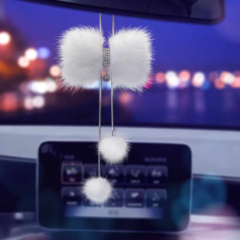 Car Pendant Crystal Bow Mink Fur Rearview Mirror Hanging Charms Automobile Interior Decoration Sun Catcher Ornament Gift