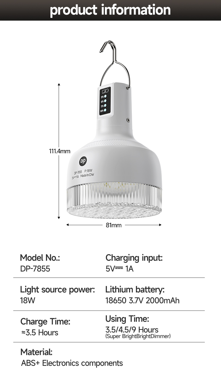 8-7855-LED Rechargeable Bulb Camping Light with Lithium Battery - DP