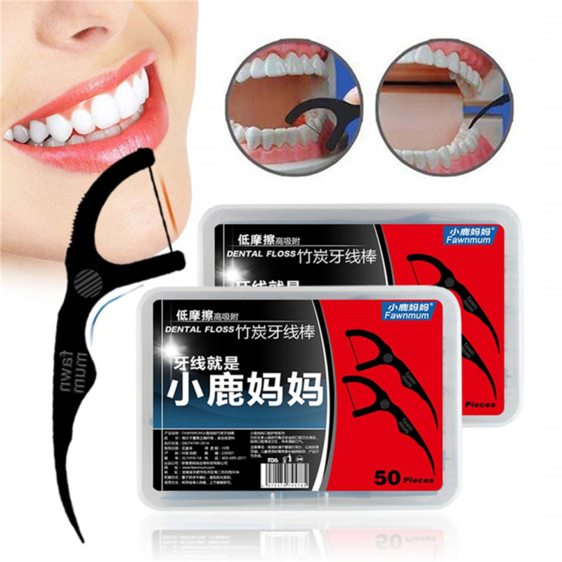 Charcoal Dental Floss Stick Thin Flat Wire Care Bow Toothpick Fine Floss Dental Brush Floss Stick Clean Toothpick Tool With Box