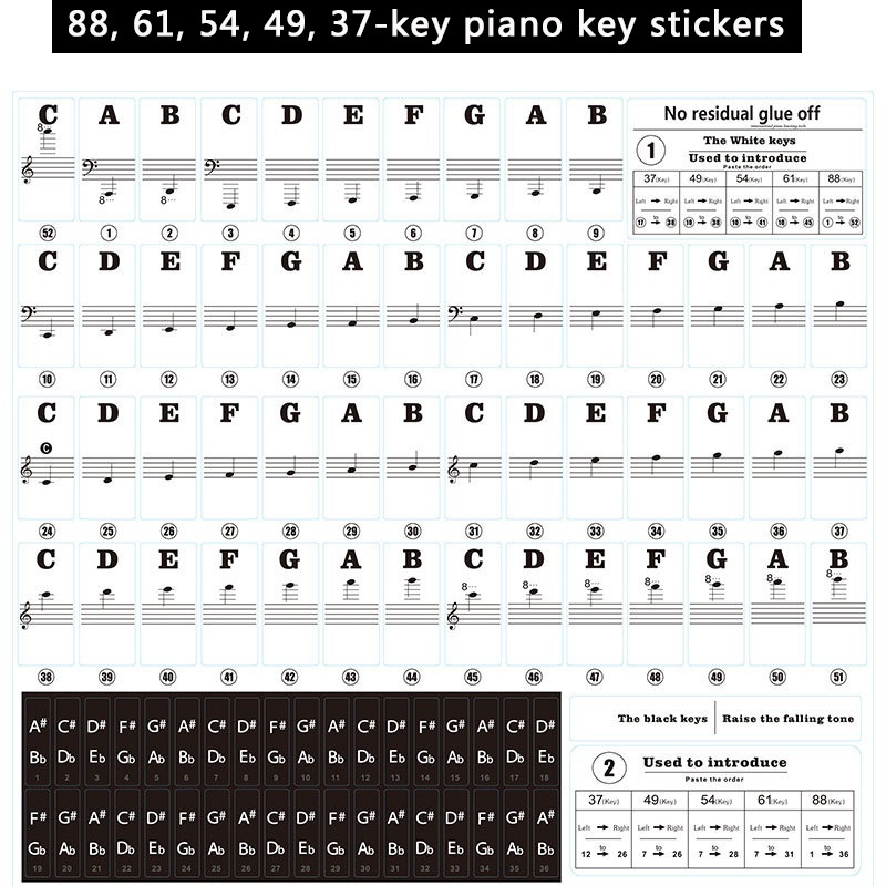 54/6188 Key Piano Sticker Transparent Piano Keyboard PVC Sticker Stave Electronic Keyboard Note Sticker new