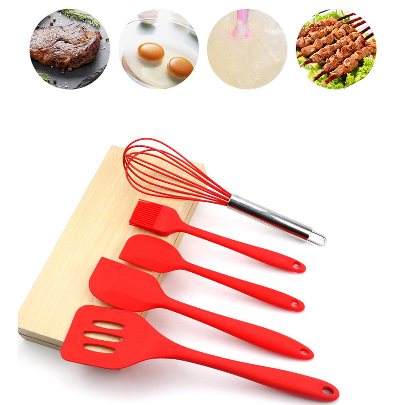 5 Pcs Silicone Cooking Utensils Sets Whisk Spatula Pastry Brush Slotted Turner Heat Resistant Baking Cooking Utensil Tool Set