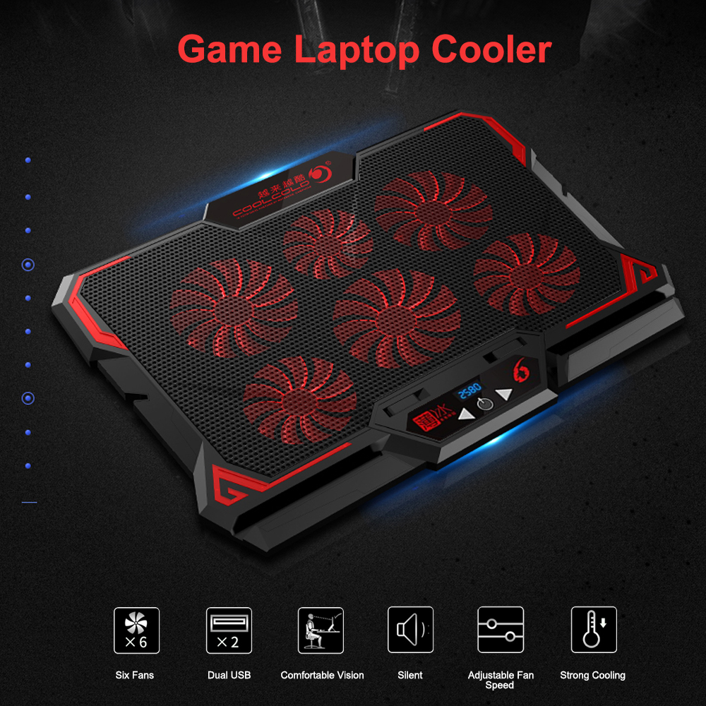 COOLCOLD 17 inch Gaming Laptop Cooler Six Fan Led Screen Two USB Port 2600RPM Laptop Cooling Pad Notebook Stand for Laptop