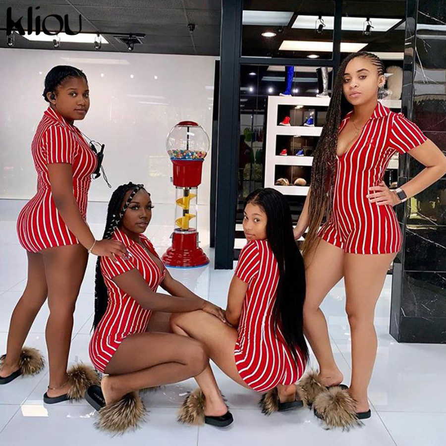 Kliou women sexy short playsuit red white striped short sleeve rompers 2019 new female elastic skinny sexy party bodysuits