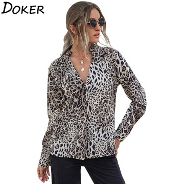 Womens Leopard Blouse Autumn Casual Fashion V-neck Long Sleeve Office Elegant Ladies Shirts Plus Size Tops And Blouses Femme