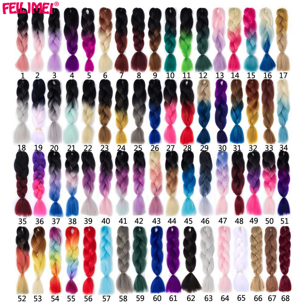 Feilimei Gray Jumbo Braiding Hair Extension Synthetic Heat Resistant Hair Purple/Blue/Pink/Black Ombre Crochet Braids Hair