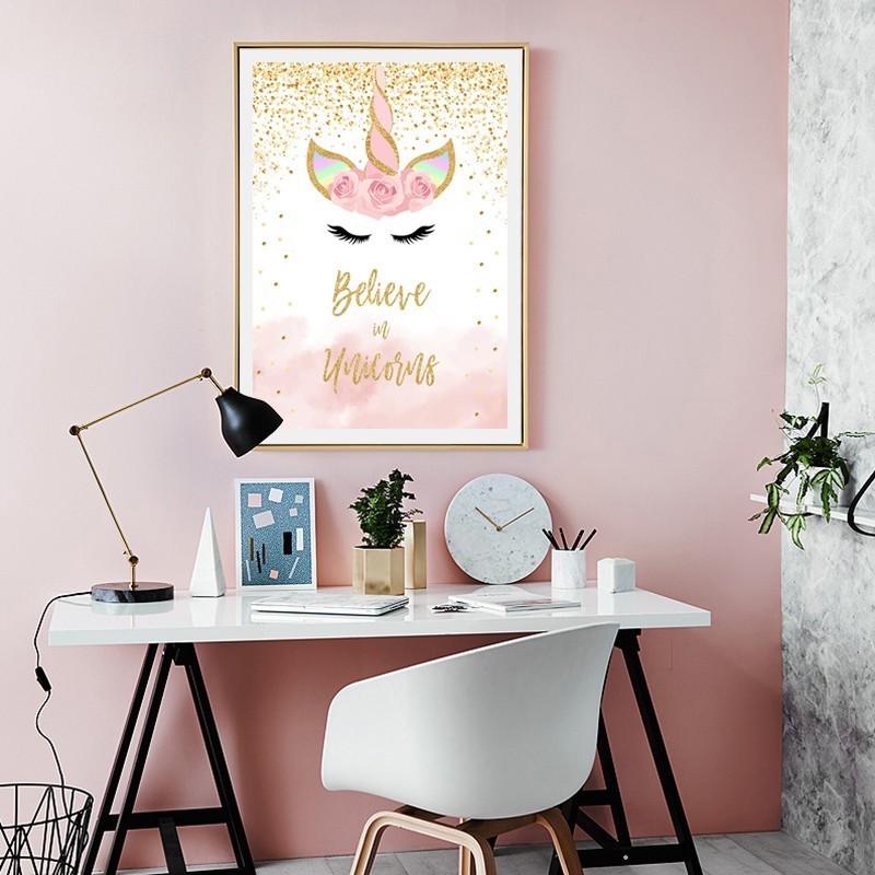 SURE LIFE Cartoon Pink Gold Unicorn Wall Art Believe in Unicorns Poster Print Canvas Paintings Pop Picture Girl's Bedroom Decor