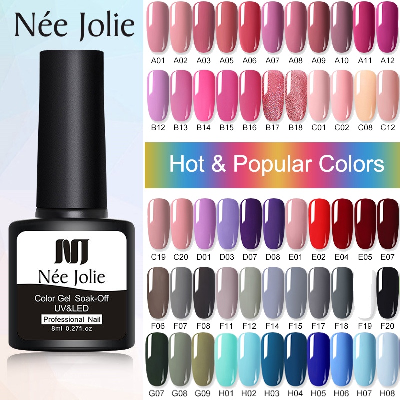 NEE JOLIE 8ml Gel Nail Polish Varnishes Solid Color Semi Permanent Base Top Need UV LED Lamp Manicures Paint Nails Gel Polish