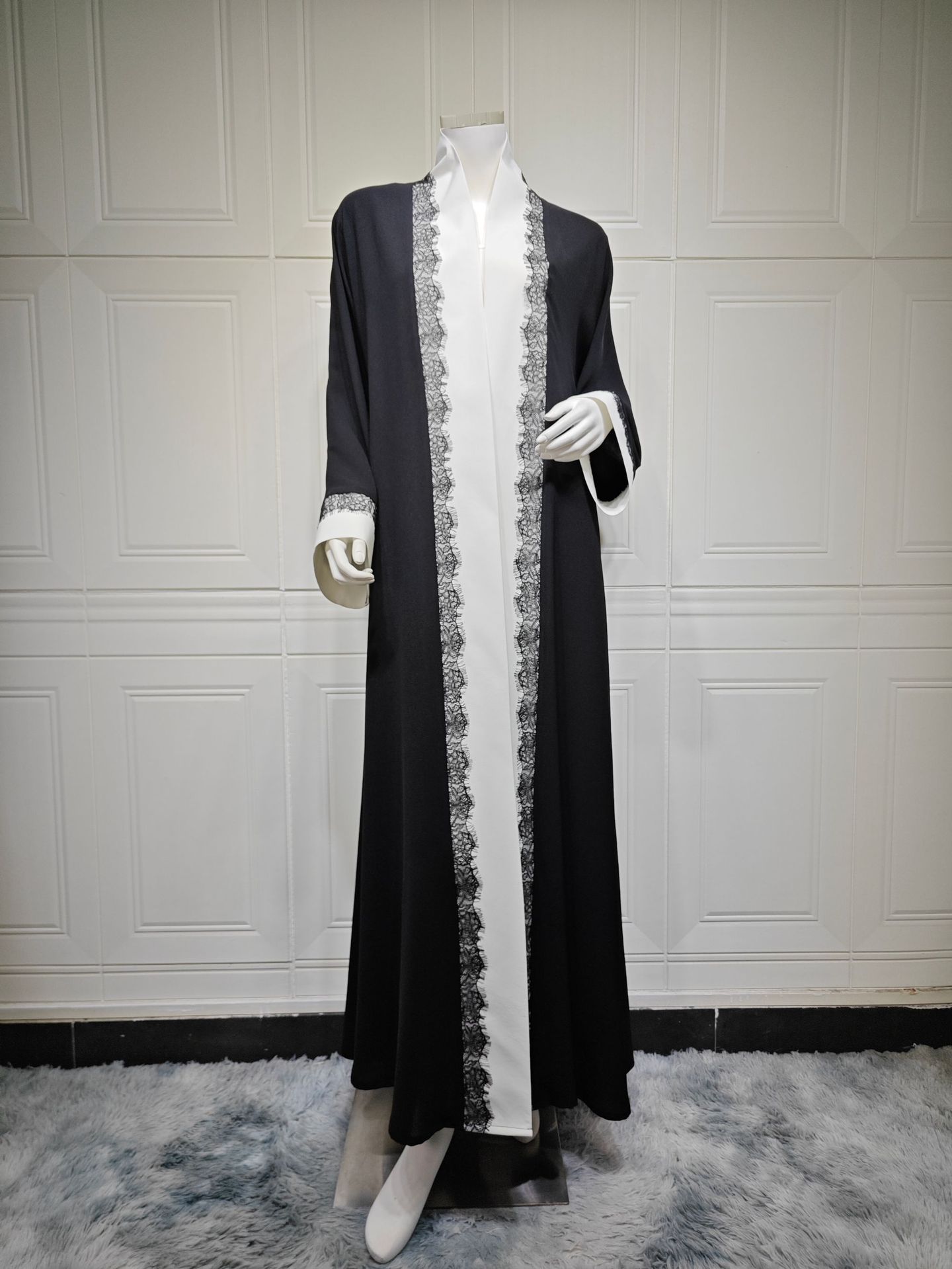 Black & White Lace Trim Kimono Abaya