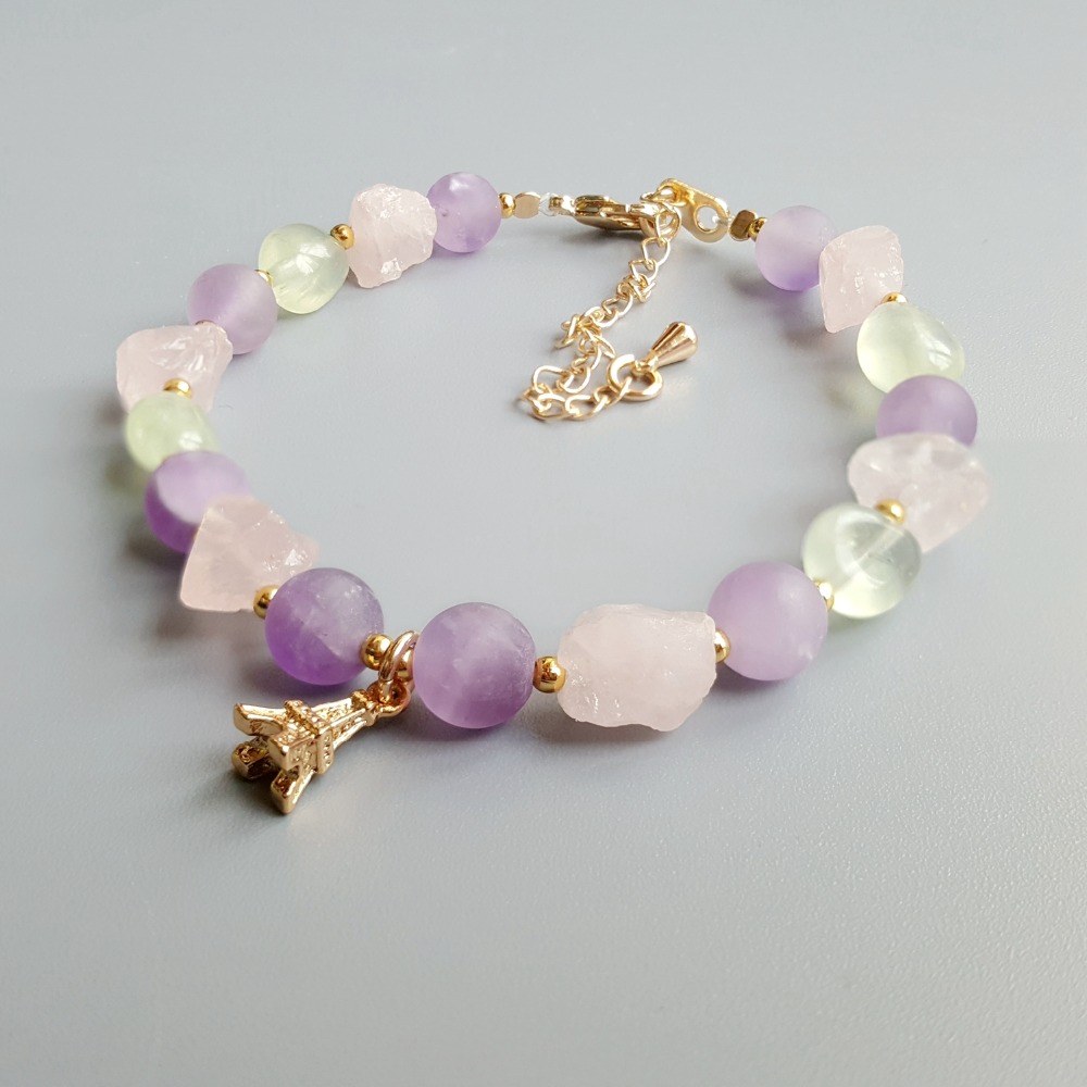 Lii Ji Amethyst Prehnite Rose Quartz Natural Stone Bracelet Iron Tower Charm Delicate Jewelry For Child or Women Girl Bracelet