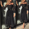 New Elegant Women Long Sleeves Polka Dot Print Mesh Sheer Party Evening Club Dress Lady Autumn Fashion Black Long Dress
