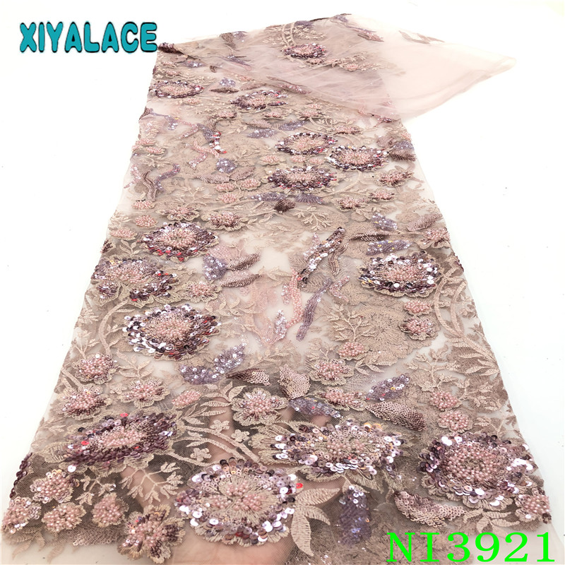 Perfect Quality Heavy Handmade Beaded Mesh Lace Sequin Fabric Embroidery Net Lace with Beads for African Wedding Dress KSNI3921