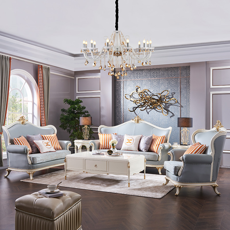Combination Sofa Living Room French Leather Three-Person Four-Person Sofa Light Luxury Villa Hotel Solid Wood Furniture
