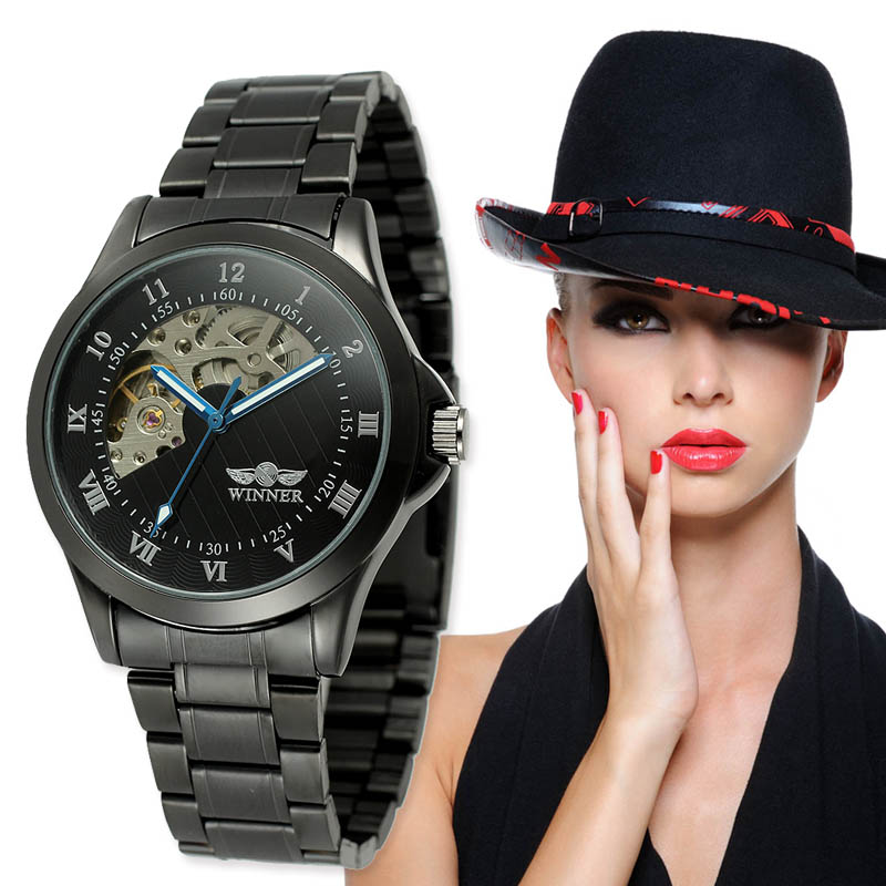 Elegant Women Clock Fashion Automatic Mechanical Watches Black Stainless Steel Bracelet Ladies Skeleton Watch Woman Female Saati