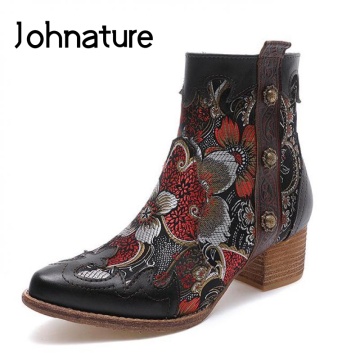 Johnature Short Plush Women Boots Zip Patchwork Women Shoes Genuine Leather Embroidery Cloth Retro Handmade Ankle Platform Boots