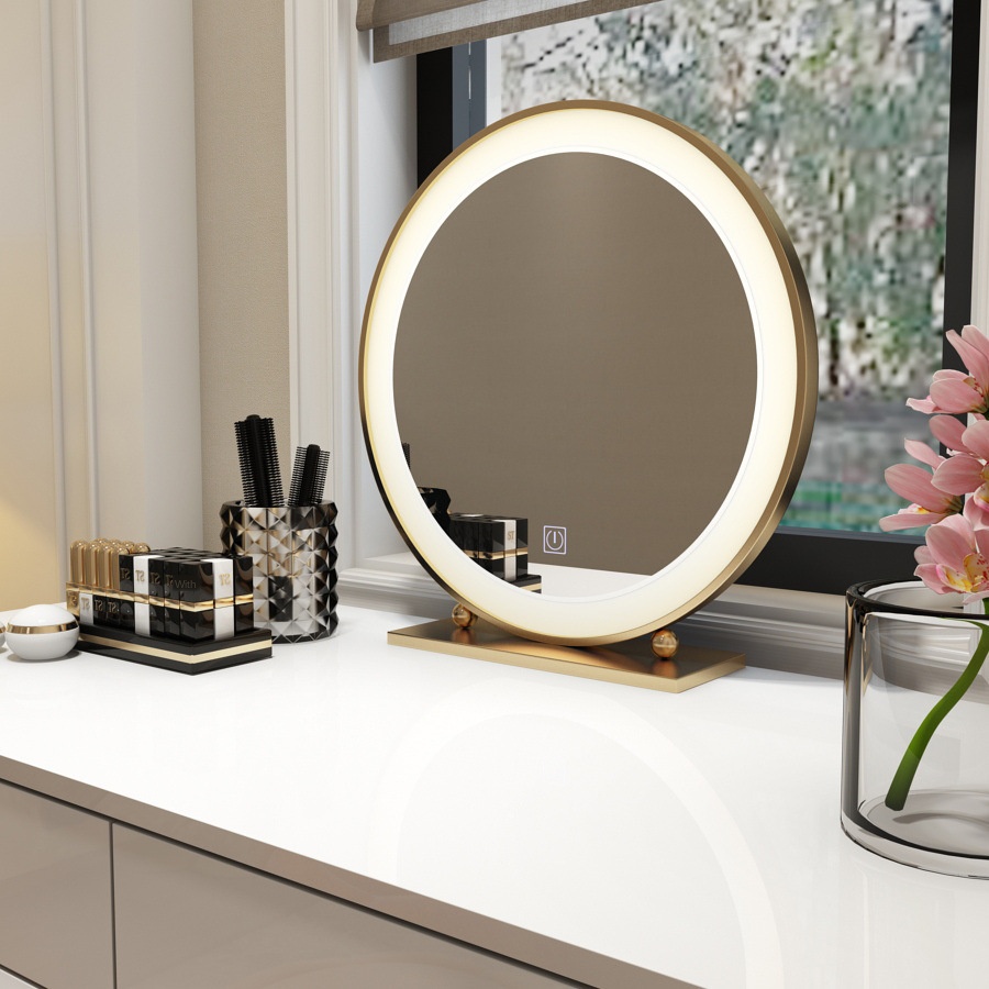 Nordic Golden Smart LED Makeup Mirror Bedroom Hotel Desktop Decoration Round With Light Tricolor Light Source Storage Base