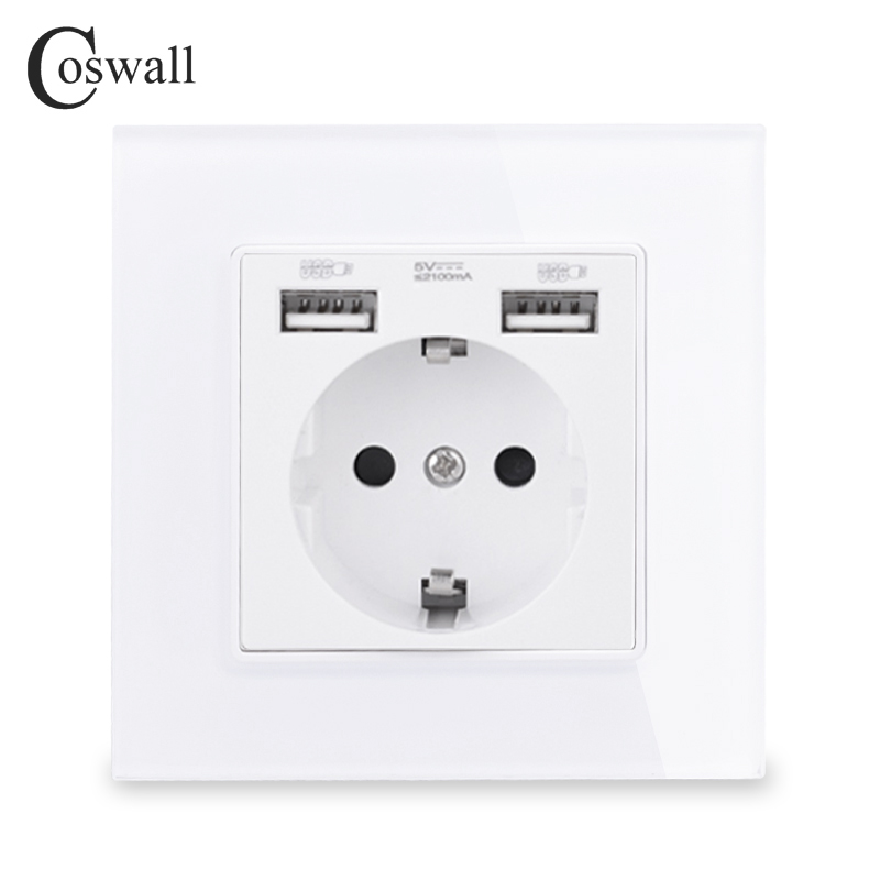 COSWALL Russia Spain EU Standard Wall Socket USB Charge Port Crystal Glass Panel Black White Grey C1 Series Full Range