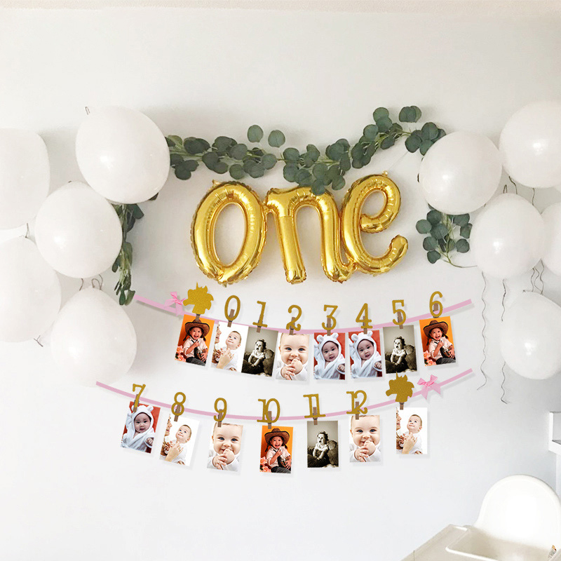 MEIDDING Baby Birthday Banners 12 Months Photo Bunting Baby Shower Paper Garland Boy Girl 1st Birthday Party Decoration Supplies