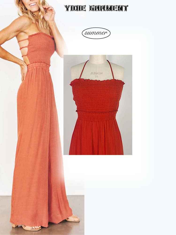 Cheesecloth Shirred Open Back Maxi Jumpsuits Jpg