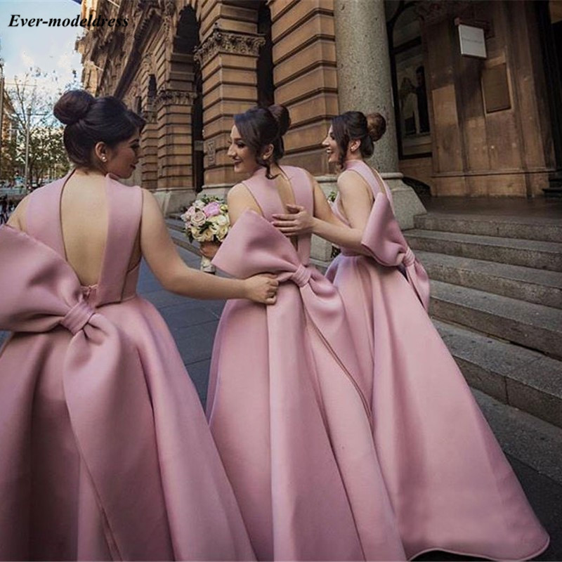 Lovely Ankle Length Bridesmaid Dresses 2021 Backless Big Bow Short Black Pink Maid of Honor Wedding Guest Party Gowns Plus Size